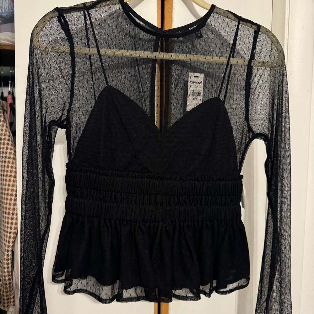 NWT Express Black Peplum Mesh Top with Spaghetti Straps